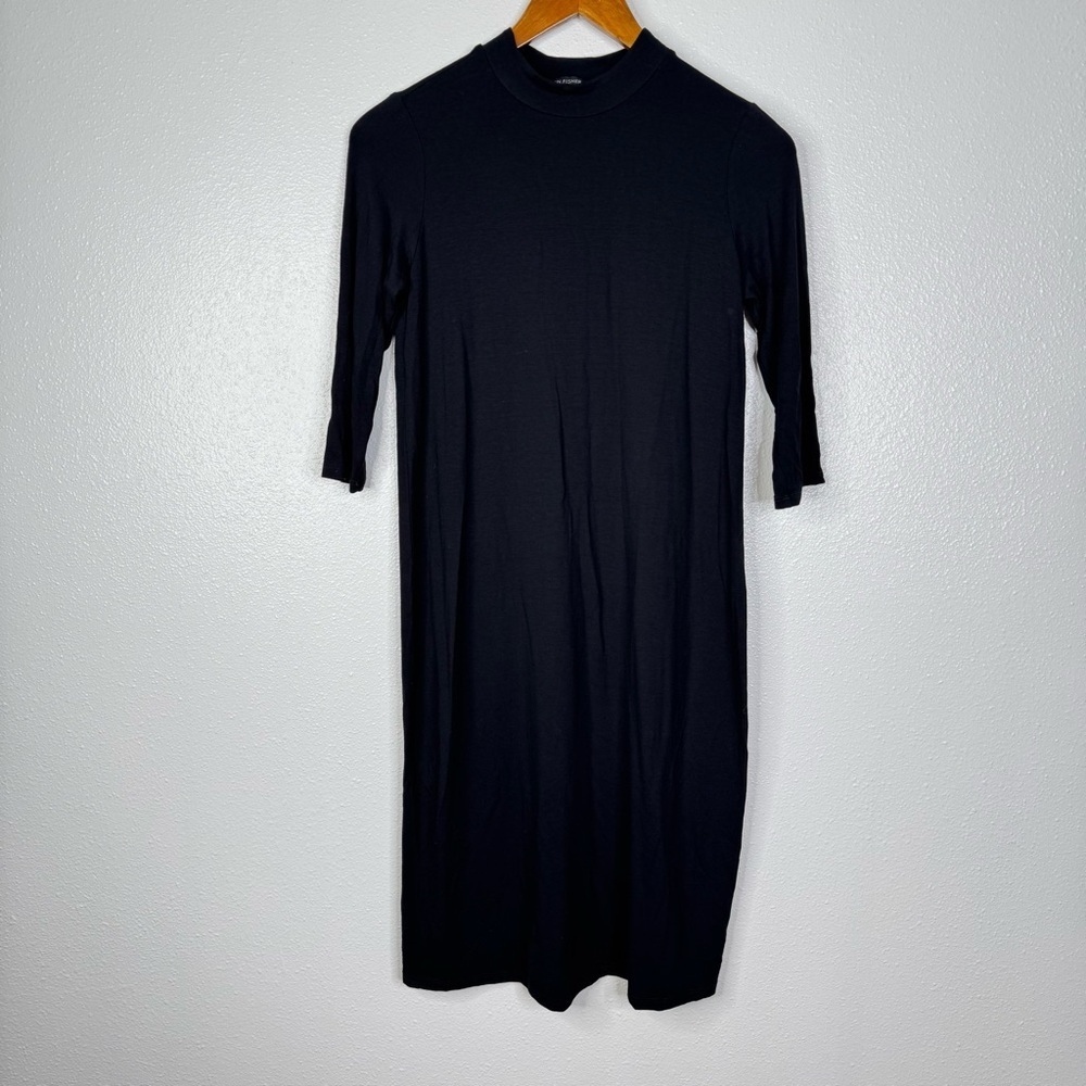 Eileen Fisher Black Stretchy Knit‎ 3/4 Sleeve Midi Dress Size Xxs